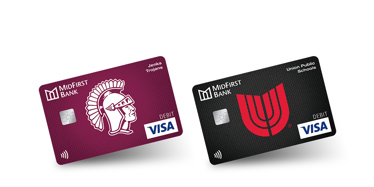 Image of East First Bank's Jenks Trojans Card and Union Public Schools Card.